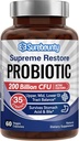 Probiótico para Hombres &amp; Mujeres, 200 Billones CFU 35 Estrados, Prebióticos + Enzimas Digestivos, Suplemento Probiótico de Restauración Suprema, Alto, Media, Bajo GI Tract Balance, 60 Veggie Capsules, 1 Mes