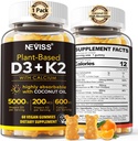 Vitamina D3 5000iu & K2( como MK7 ) 200mcg Gummies + 600mg Calcio, con aceite de coco para alta absorción, Maximum Strength Vitamin D3 K2 Suplemento - Soporte para huesos musculo dientes Immune, Vegan 60 Conde