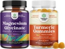 Bundle of Pure Magnesium Glycinate 400mg Por Serving for Mood Sleep and Relaxation and Turmeric Gummies for Adults Peach Flavor - Extra Strength Joint Support