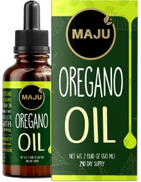 Caídas de aceite de orégano MAJU - Potente 90%+ Carvacrol (2 fl Oz) Aceite esencial mediterráneo salvaje de orégano líquido, aceite de orégano, soporte inmunológico y estacional