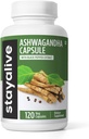 STAY ALIVE Ashwagandha with Black Pepper, 10:1 Extract, 120 Pills, 100% Pure Root Powder, Extra Strength Capsules, Non-GMO & Gluten Free Ashwagandha Suplementos para Mujeres y Hombres