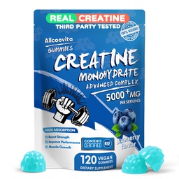 Complejo de Gummies de Monohidrato de Creatina para Hombres - 120 Gummies Fórmula Avanzada, L-Taurina + Vitamina B12 para Estrés Musculo, Constructor de Muscles, Boost de Energía, Suplemento de Pre-Workout -Blueberry