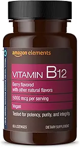   Elements Vitamin B12 Methylcobalamin 5000 mcg - Normal Energy Production and Metabolism, Immune System Support - 2 Month Supply, Berry Flavored Lozenges, 65 Count (Pack of 1)