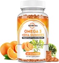 Omega 3 Gummies, Omega 3 suplementos de aceite de pescado Alternativa con EPA & DHA, CoQ10, Folate, Vitamina A, D3, E, soporta cerebro, articulación, corazón, ojo y sistema inmunológico Función-Orange Flavor, 60 Gummies