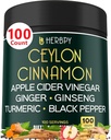6in1 Premium Ceylon Cinnamon Suplemento Plus Apple Cider Vinegar, Turmeric, Ginger, Ginseng - Gestión de peso, Digestión - 100 cápsulas Vegan