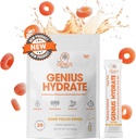 The Genius Brand Genius Hydrate - Electrolyte Supplement for Daily Hydration - Coconut Water - Sugar-Free - 8 Minerales esenciales " Nutrientes - Non-GMO - Anillos de durazno - 20 Servings