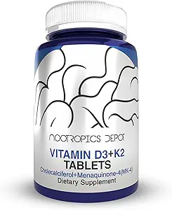 Nootropics Depot Vitamina D3 + K2 con Vitamina C Tablets tención 60 Conteo ← Cholecalciferol + Menaquinone-4 (MK-4) Silencio Mood, & Bone Health ← Salud saludable Calcium Aborption