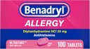 Benadryl Ultratabs Allergy Medicine, 25 mg Diphenhydramine HCl Antihistamine Tablets for Cold &amp; Allergy Relief of Symptoms Like Sneezing, Runny Nose, Itchy Eyes & Throat, Hay Fever, 100 Count Tablets