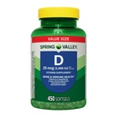 Spring Valley Vitamin D3 Supplement Softgels, 25 Mcg (1,000 IU), 450 Count - New Look !