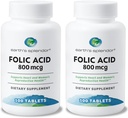 Esplendor de la Tierra Folic Acid 800 mcg Suplemento, apoya la salud del corazón, apoya la salud reproductiva de las mujeres, tablas cubiertas de espuma (800 mcg, 200 Tabletas, Pack de 2)