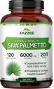 Zazzee Extra Strength Saw Palmetto 20:1 Extract, 6000 mg Strength, 40% Fatty Acids, 120 Vegan Capsules, 4 Month Supply, Concentrated and Standardized 20X Extract, Non-GMO, All-Natural, Made in the USA