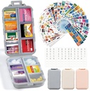 3 Pack 14 Grids Travel Pill Organizer Box con 415-Pcs Medicine Name Labels - Pocket Daily Pharmacy Case Container Kit - Travel Medication Holder Dispenser for Fish Oil Vitamin Supplement Storage