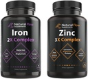 Complejo de suplemento de zinc con cobre y vitamina C - Flujo natural 3X Zinc Carnosina e Hierro Suplemento 2 en-1 Complejo completo - Flujo natural 2X Heme y Chelated Non Heme Iron Bisglycinate