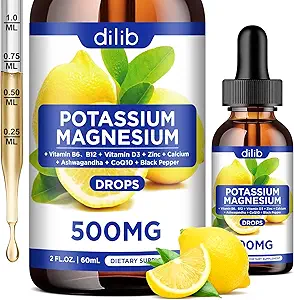 Suplemento de citrato de magnesio de potasio, gotas de citrato de magnesio líquido 500 mg con Ashwagandha, Calcio, Zinc, Vitamina D3, B6, B12, CoQ10 - Vegan 2 fl oz Pineapple Flavor