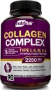 NutriFlair Multi Collagen Peptides 2250mg, 90 Capsules - Tipo I, II, III, V, X - Suplementos Collagen Píldoras de polvo complejas para mujeres y hombres - Proteína hidrolizada, cabello saludable, piel, uñas - No GMO