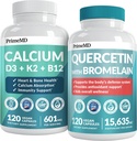 PrimeMD 4-in-1 Calcium Supplements for Women & Men or Heart, Bone & Body Defenses (120 ct) & 28-in-1 Quercetin with Bromelain Supplement - Quercetin 500mg Capsules for Immune Defense Support (120 ct)