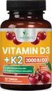 Vitamina D3 K2 2000 UI Plus con K2 (MK-7) 75 mcg - Vitaminas D & K Suplemento Complejo para el Hueso, Dientes, Muscle, Absorción de Calcio, soporta la salud del corazón inmune, Fórmula no cultivable - 60 Tabletas