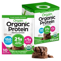 Orgain Orgain Orgain Pólvora de Proteína Vegana Orgaina, Cerdo de Chocolate Creamy - 21g Proteína vegetal, fibra prebiótica de 6g, carbohidratos bajos, sin ingredientes de lactosa, sin azúcar añadido, no fumador, para sacudidas " Smoothies, 10 paquetes de viaje