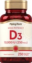Piping Rock Vitamina D3 10000 UI TENIDO 250 mcg TEN 250 Softgels TEN High Potency ← Non-GMO &amp; Gluten Free Supplement