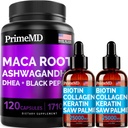 4-en-1 Liquid Biotin Collagen Keratin Saw Palmetto Drops (2 fl oz - 2 Pack) & 6-in-1 Maca Root Ashwagandha w Black Pepper Fruit (120ct) Bundle - Hair, Skin, Nails, Energy &amp; Mood Support Supplement
