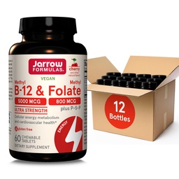 Jarrow Fórmulas Ultra Strength Methyl B-12 5000 mcg & Methyl Folate 800 mcg + P-5-P, Suplemento de Energía Celular Metabolismo y Soporte Cardiovascular, 60 Tablets Chewable, 60 Day Supply, 12 Packs