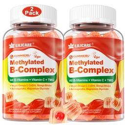 Mujeres &amp; Hombres Super vitamina B Complejo llenos Gummies, Methylated w/Omega 3, Magnesium,CoQ10, Ashwagandha,Vitamin C, TMG, Sugar Free - 60 Conde (Pack of 2)