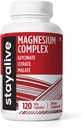 STAY ALIVE Triple Magnesium Complex Suplemento 500mg, Chelated Glycinate, Citrate & Malate Powder, High Absorption Magnesium for Women and Men, 120 Pills, Non-GMO &amp; Gluten-Free Capsules