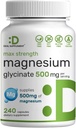 Max Strength Magnesium Glycinate 500mg Por Serving, 240 cápsulas TENIDO 100% Chelated for Easy Absorption ← Essential Mineral Supplement for Muscle, Sleep, & Heart Health