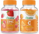 Zinc Lifeable 50mg + Vitamina C 750mg, Gummies Bundle - Gran Tasting, Suplemento de vitamina, Gluten Gratis, GMO Gratis, Chewable Gummy