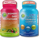Multivitamina de apoyo Probiótico de mujeres Bundle – Probiótico de 3 en-1 con Enzimas Digestivas " Prebiótico " Mujeres Multivitamina diaria con hierro – Vegano, No GMO, Clean Daily Wellness Support
