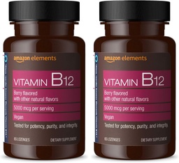  Elements Vitamin B12 Methylcobalamin 5000 mcg - Normal Energy Production and Metabolism, Immune System Support - 2 Month Supply, Berry Flavored Lozenges, 65 Count (Pack of 2)