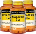 MASON Melatonina NATURAL 3 mg con B6 &amp; Calcio, Ayuda natural al sueño, apoya el sueño relajante, 60 tabletas (Pack of 3)