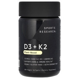 Investigación Deportiva Vitamina D3 con K2 Softgels - Planta de base K2 & Vegan D3 5000iu con aceite de MCT de coco - Certificado Vegan, Soy & Gluten Gratis - 120 Condes
