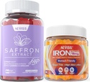 1Pack Saffron Suplemento Gummies 100% puro Saffron Extract Whole Herb Gummies + 2P Vegan Iron Gummies Suplemento con vitamina C, B12, Folate &amp; Turmeric