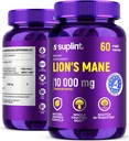 Mushroom Mane de León Suplemento 10,000 mg  Suplementos dietéticos para la memoria, enfoque " Clarity ← Sistema diario de apoyo Complejo para hombres y mujeres que viven no transgénicos, libre de gluten, vegano 60 cápsulas
