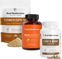 Real Mushrooms RealBoost (60ct), Lions Mane (120ct) & Cordyceps Mushroom Powder " Capsules Bundle - Mushroom Supplement for Energy, Vitality, Endurance " Cognition - Vegan, Non-GMO