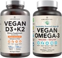 Vegan Powerhouse Combo. Omega-3 de Algal Oil & Vitamin D3 + K2. Planta-Basada 5000 iu VIT D de Algae. 100 mcg All-Trans MK-7 Vita K. Carrageenan Free Veggie Softgels.