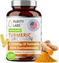 Laboratorios de Puridad Suplemento de Curcumina Turmérica Orgánica con Piperina 2,250 MG/Serving Silencio 95% Curcuminoides Suplementos Turméricos, Alivio de Dolor Conjunto Antioxidante, Muscle & Cerebro Apoyo No GMO - 120 cápsulas