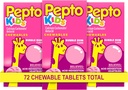 Pepto Kid's Chewable Tablets for Heartburn, Acid Indigestion, Sour Stomach y Upset Stomach, Bubblegum Flavor, 72 Total (3 Packs of 24)