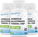 Puregen Labs Ferrous Gluconate 324 mg [High Potency] Iron Supplement, Gentle on Stomach ← 3 Pack - 300 Tablets Total