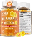 Turmérico Gummies 1000mg w/MCT Oil C8 C10, Antioxidante orgánico, Suplemento de Curcumina Turmérica con Extracto de Pepper Negro, Confort de Soporte, Energía Boost, Ultra Absorción, Libre de Azúcar, 60 Cts