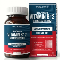 BioActive Vitamin B12 - 5000 mcg, Contiene 3 BioActive Forms B12 Plus Methylfolate Cofactor - Methyl B12, Adenosyl B12 & Hydroxy B12 ← Soporta Energía, Metabolismo " Mood TEN Vegan, Non-GMO (60 Servings)
