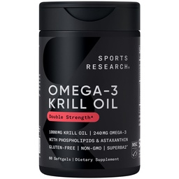 Sports Research Krill Oil Supplement with EPA & DHA Omega 3, Phospholipids & Astaxanthin from Antarctic Krill - Highest Concentration of Krill Oil for Men &amp; Women - 1000mg, 60 Softgel Capsules