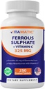 Sulfato ferroso vitamático 325 mg con vitamina C 100 mg (65 mg de Hierro Elemental) – Suplemento de Hierro de Alta Potencia – No Colores Artificiales – 250 tabletas caladas, hechas en EE.UU.