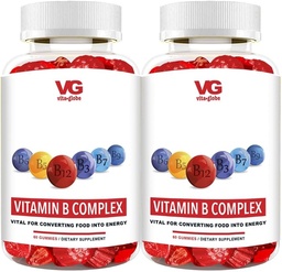 VITA GLOBE B Complejo Gummy Vitaminas - Sabor de Fresa con Vitamina C, Niacina, B6, B12 &amp; Biotina para Energía, Salud del Corazón y Cerebro, 120 Conde (Pack of 2)