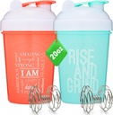 [2 Pack] 20-Once Shaker Bottle with Motivational Quotes (Coral &amp; Mint) Н Protein Shaker Bottle with Mixer Agitators ← Blender Shaker Bottle for Protein Mixes Pack es BPA Free y Dishwasher Safe