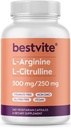 BESTVITE L-Arginine L-Citrulline 500mg / 250mg Vegan (240 cápsulas vegetarianas) - Sin estearatos - sin fosfato de dicalcium - Non GMO - Gluten Free