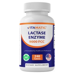 Vitamatic Lactase Enzyme 9000 FCC 240 Tablets - Lactose Intolerance Relief Caplets