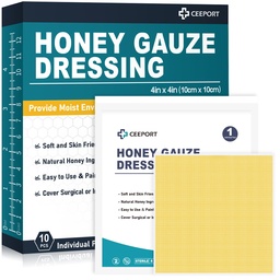 Miel Gauze Wound Dressing, 4" x 4" Manuka Honey Wound Care, Medical Grade Honey Bandages for Wound Care, Honey Patch for Faster Healing from Burns, Abrasions, Cuts and Scalds (Pack of 10)