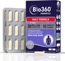 Bio360 Suplemento Probiótico diario de adultos para Hombres, 30 Billones CFU, 10 Strains, Fibras Prebióticas Orgánicas, Salud Digestiva e Inmunitaria, Estreñimiento ocasional, Diarrea, Gas &amp; Bloating, 30CT